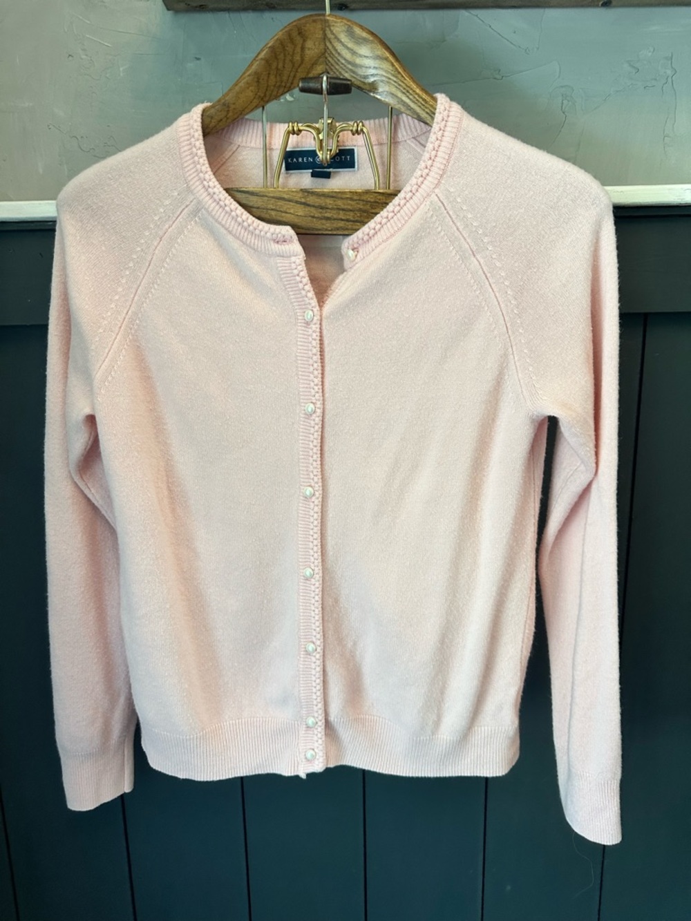 Karen Scott Soft Pink Cardigan Petite Large Pearl Look Button Front Sweater